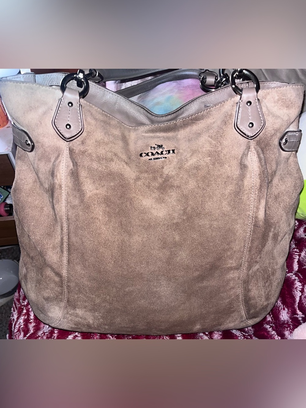 Coach Colette F33450 Large Taupe Suede Leather Carryall Tote Bag